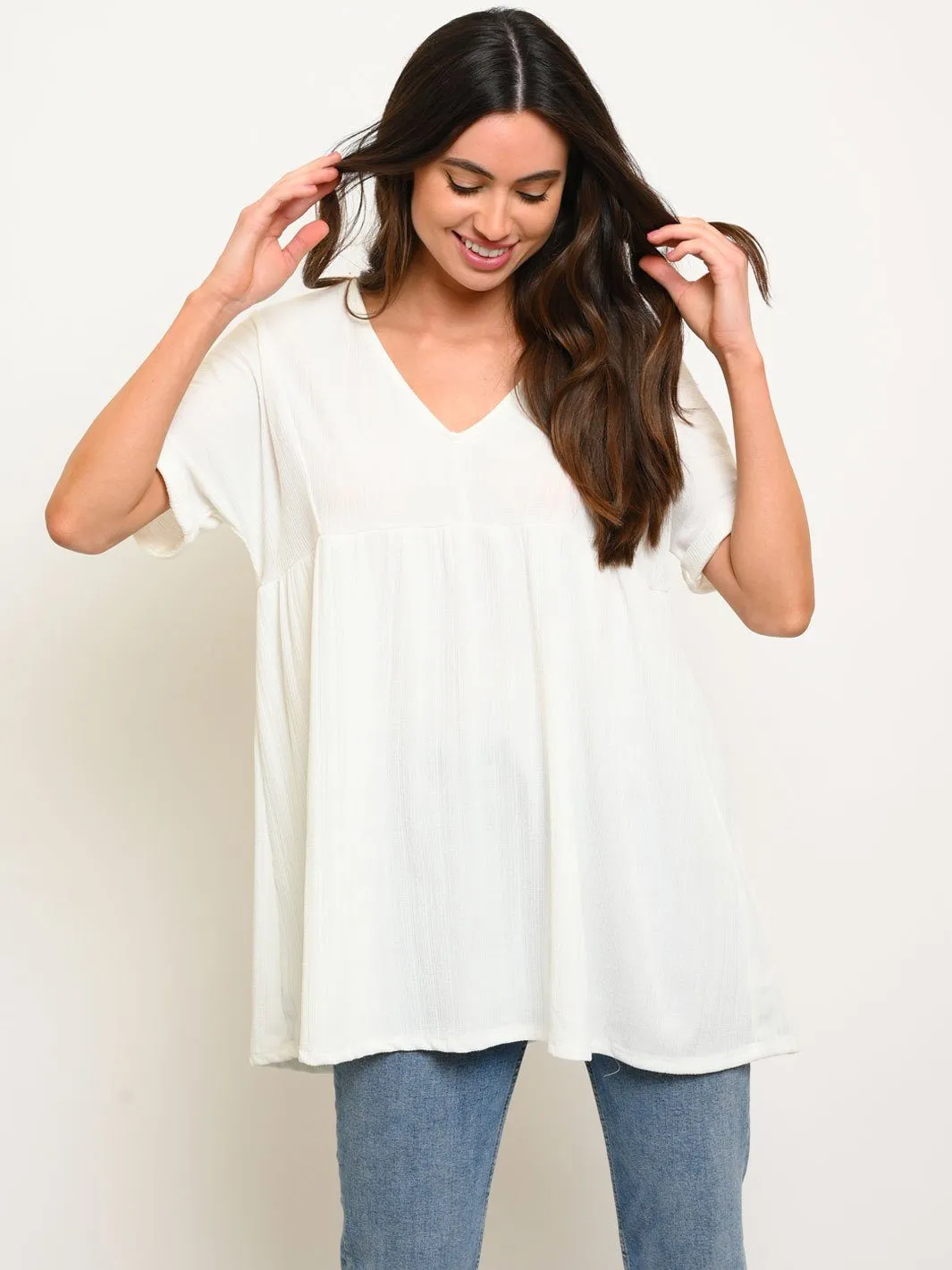 WOMEN'S SHORT SLEEVE BACK TIE TUNIC TOP