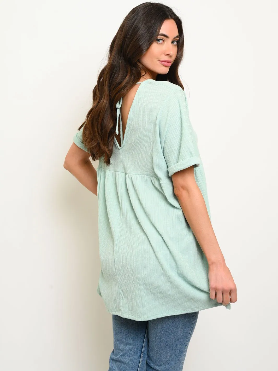 WOMEN'S SHORT SLEEVE BACK TIE TUNIC TOP