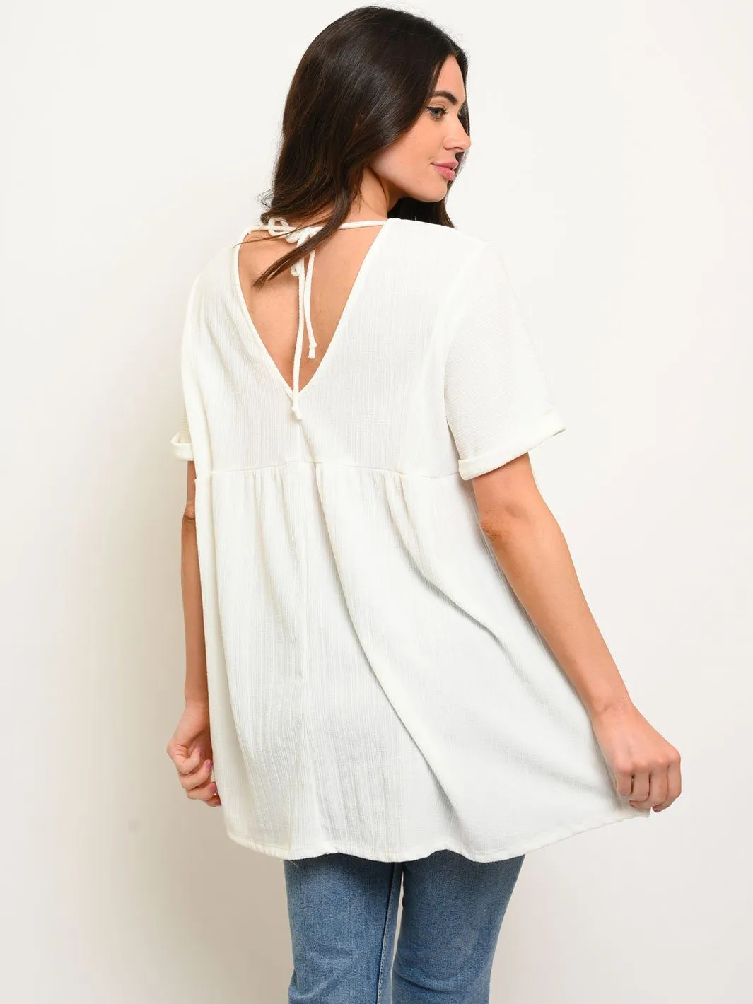 WOMEN'S SHORT SLEEVE BACK TIE TUNIC TOP