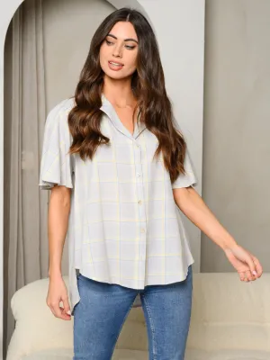 WOMEN'S SHORT SLEEVE BUTTON UP HIGH-LOW PLAID TOP