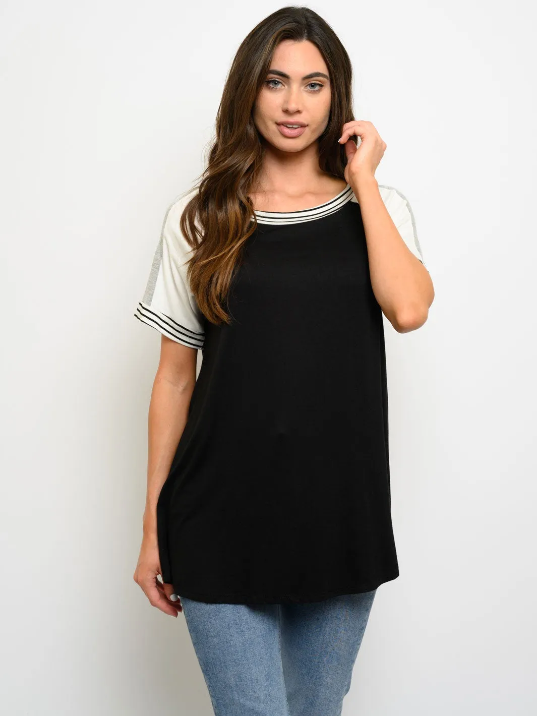 WOMEN'S SHORT SLEEVE COLORBLOCK TUNIC TOP