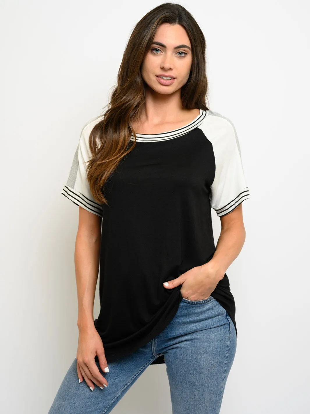 WOMEN'S SHORT SLEEVE COLORBLOCK TUNIC TOP