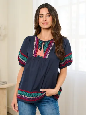 WOMEN'S SHORT SLEEVE EMBROIDERY TUNIC BLOUSE TOP
