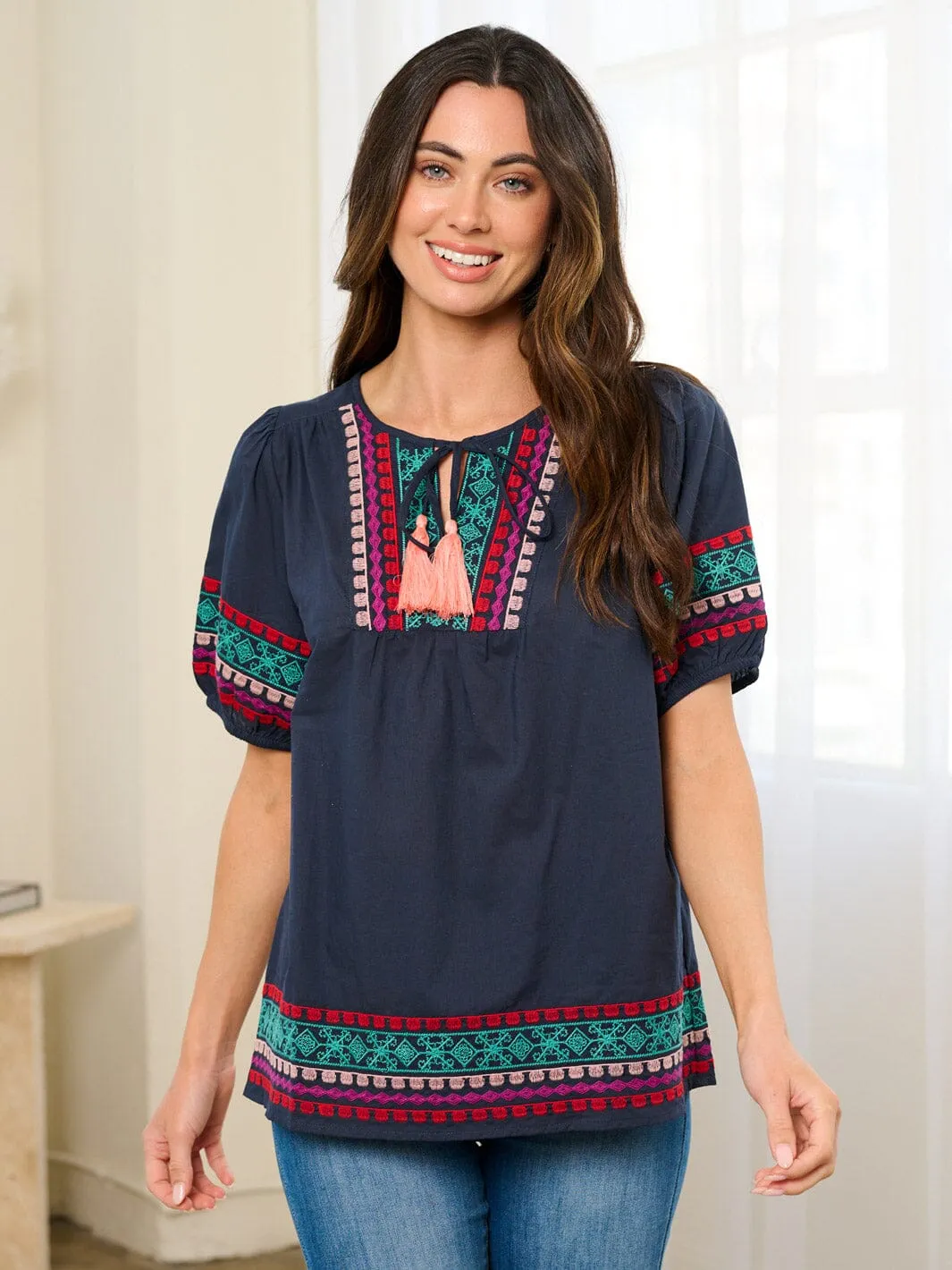 WOMEN'S SHORT SLEEVE EMBROIDERY TUNIC BLOUSE TOP