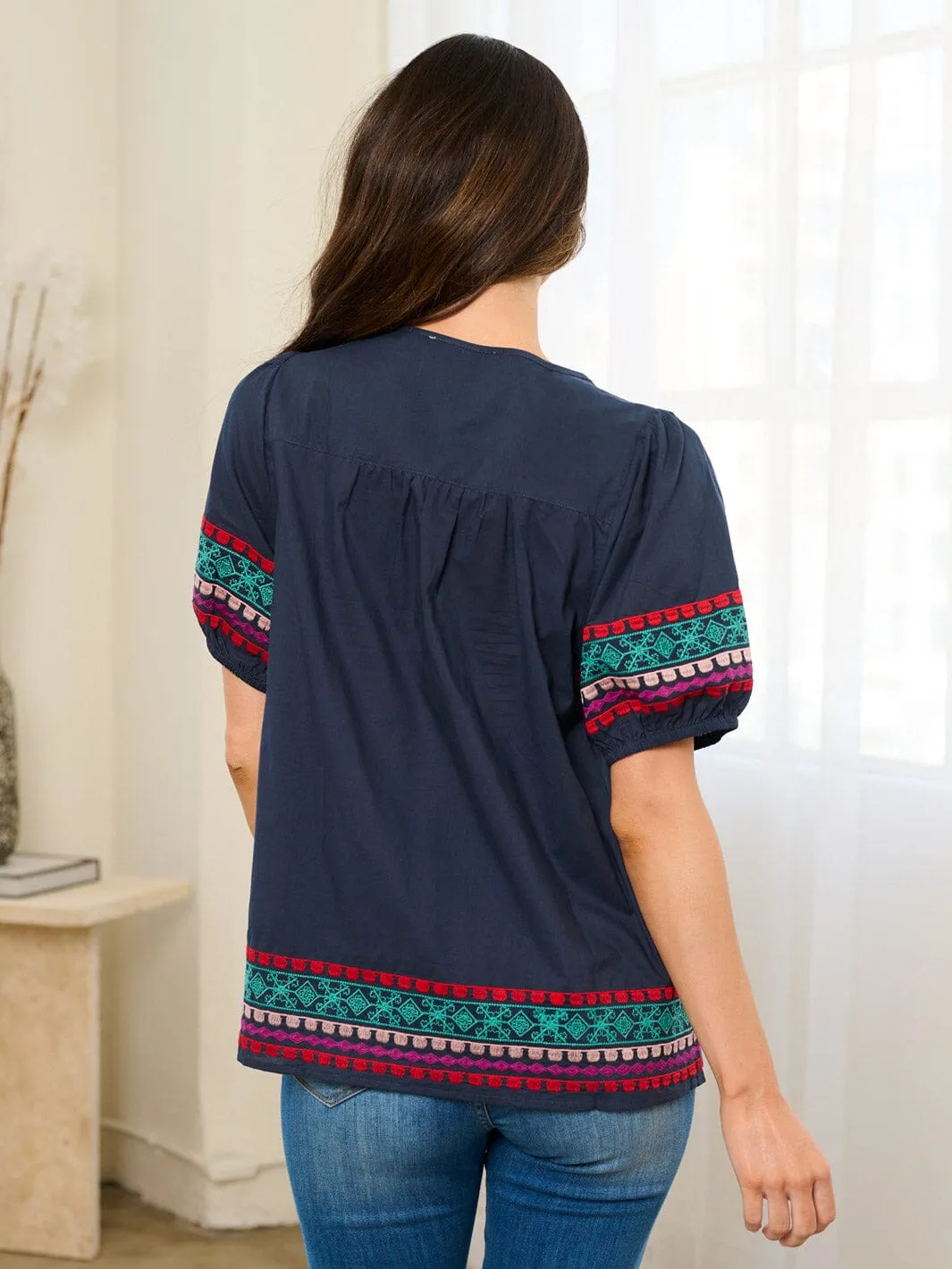 WOMEN'S SHORT SLEEVE EMBROIDERY TUNIC BLOUSE TOP