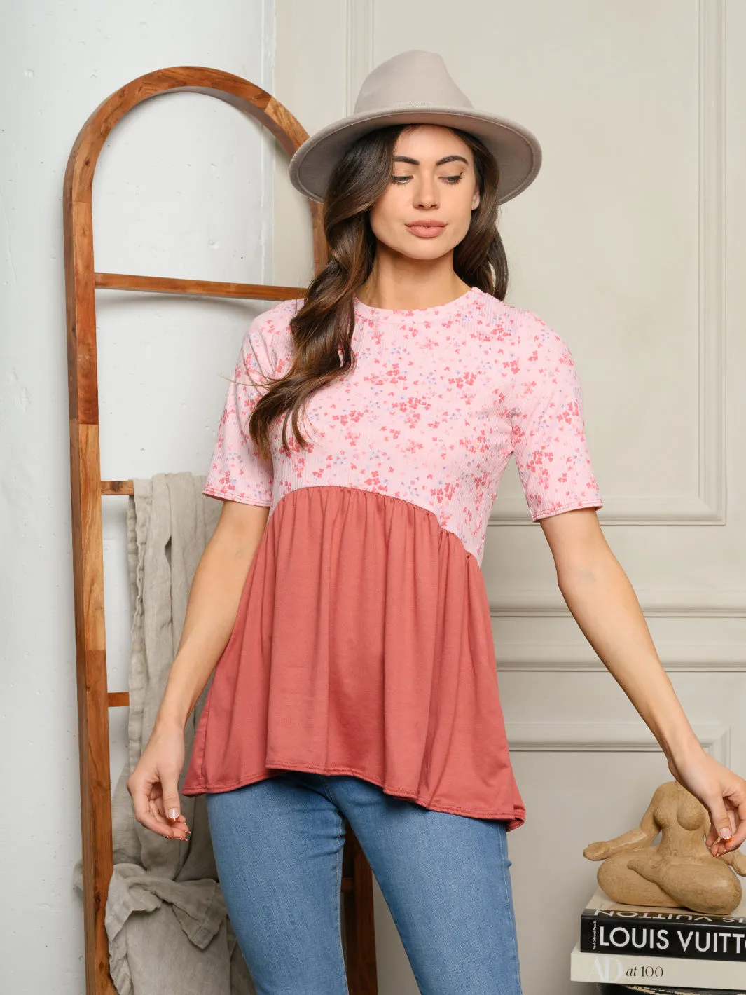 WOMEN'S SHORT SLEEVE FLORAL BABYDOLL TOP