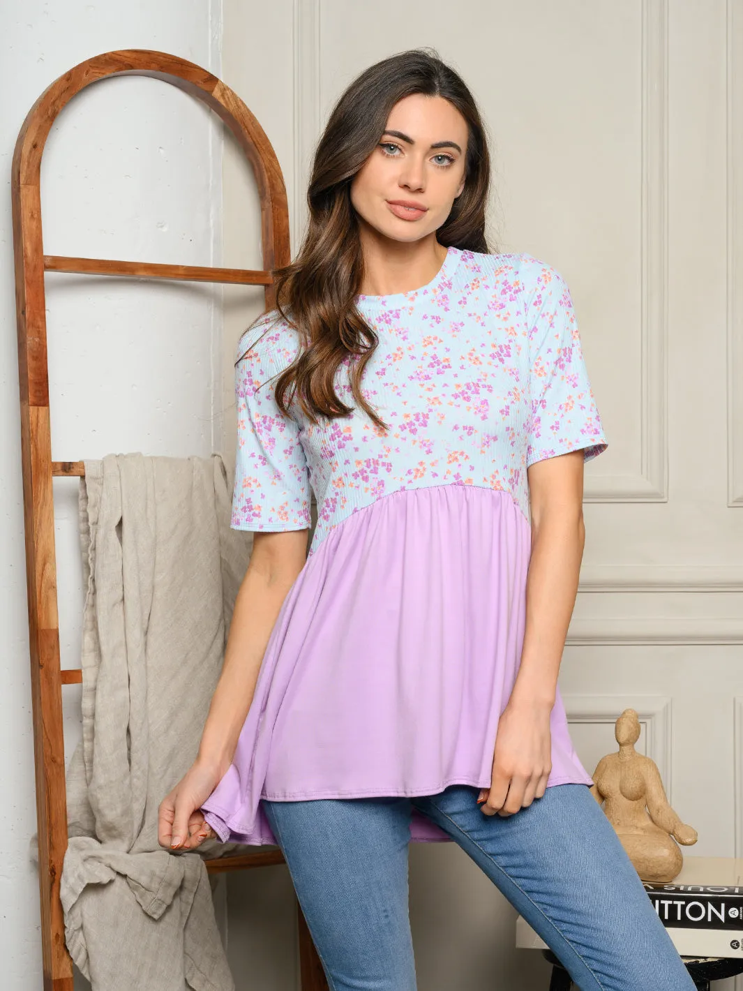 WOMEN'S SHORT SLEEVE FLORAL BABYDOLL TOP