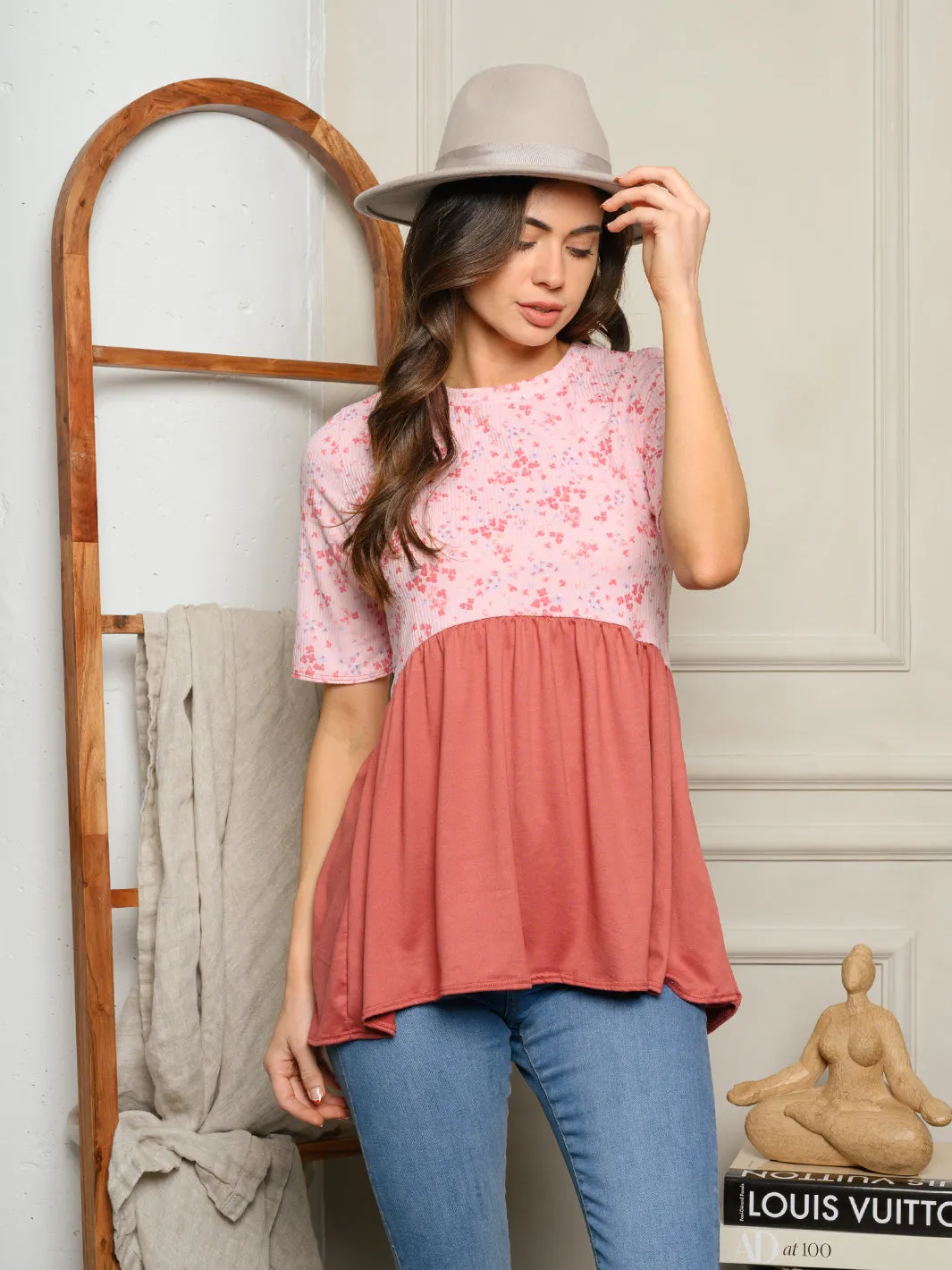 WOMEN'S SHORT SLEEVE FLORAL BABYDOLL TOP