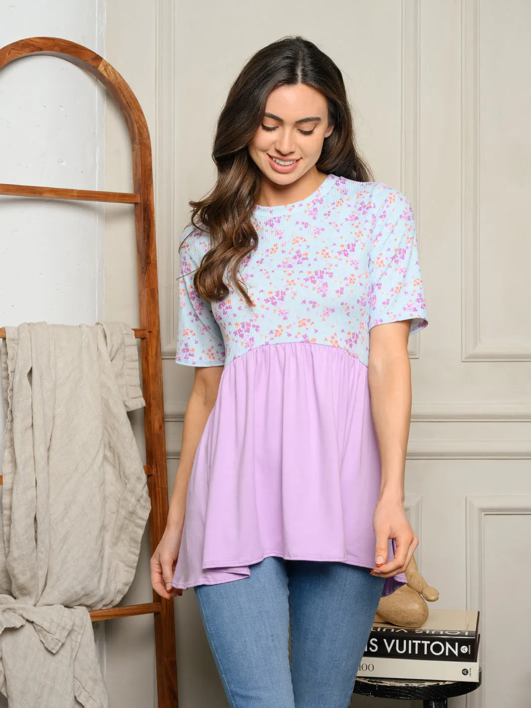 WOMEN'S SHORT SLEEVE FLORAL BABYDOLL TOP
