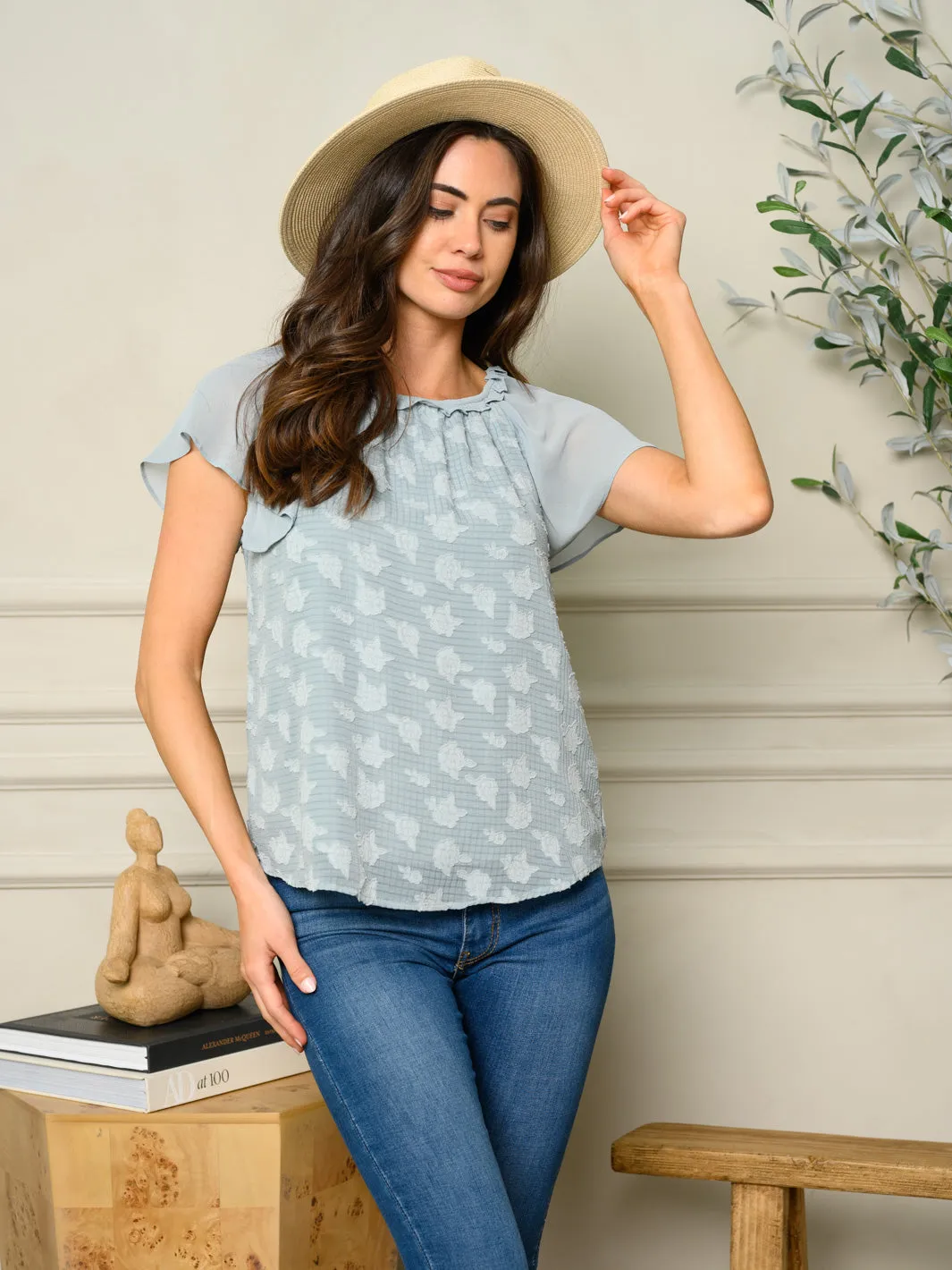 WOMEN'S SHORT SLEEVE FLORAL DETAILED TOP
