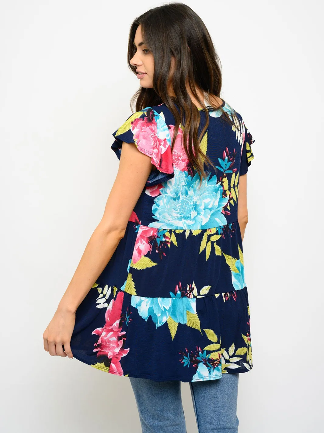 WOMEN'S SHORT SLEEVE FLORAL PRINT TIERED TOP