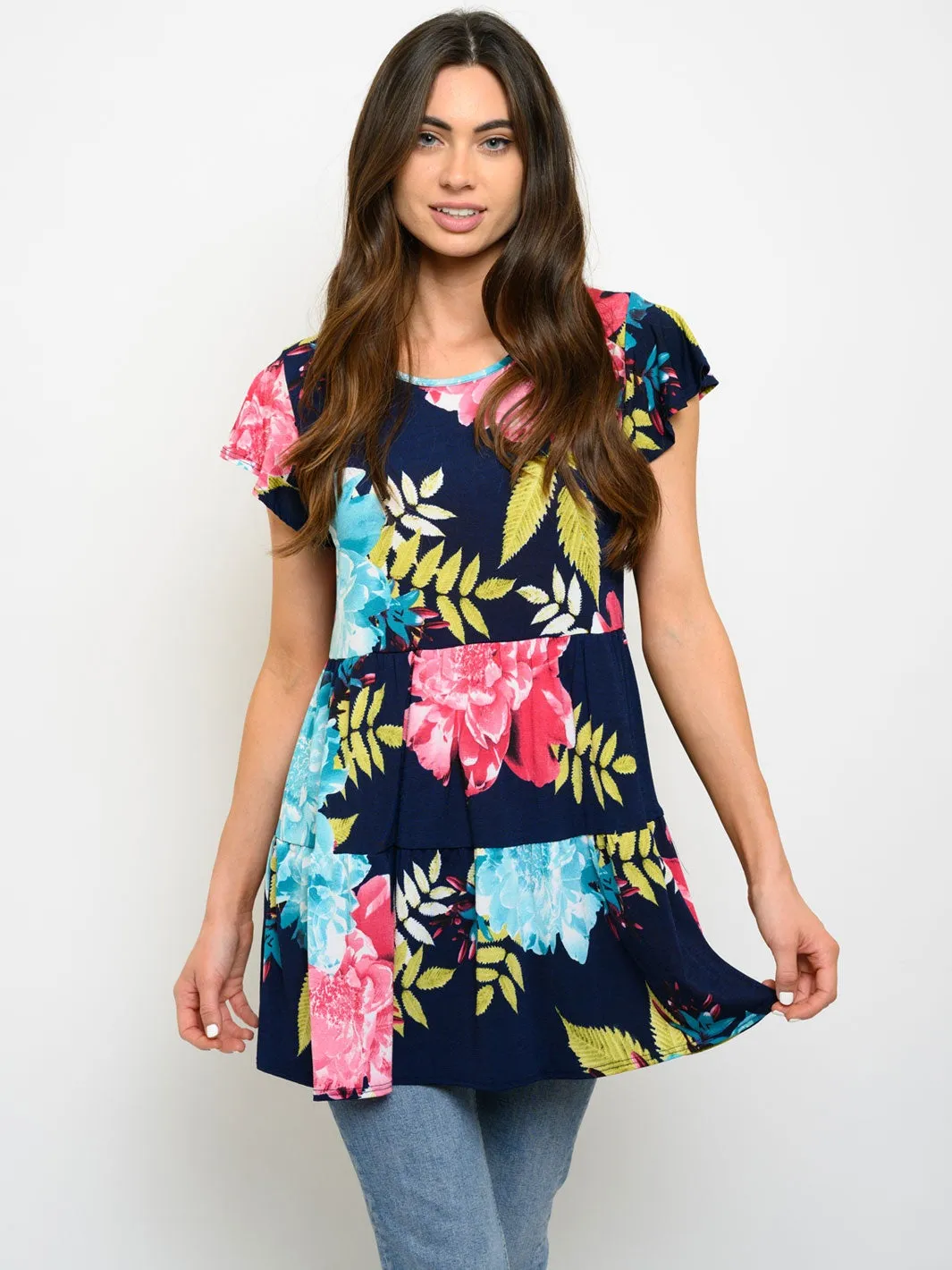 WOMEN'S SHORT SLEEVE FLORAL PRINT TIERED TOP