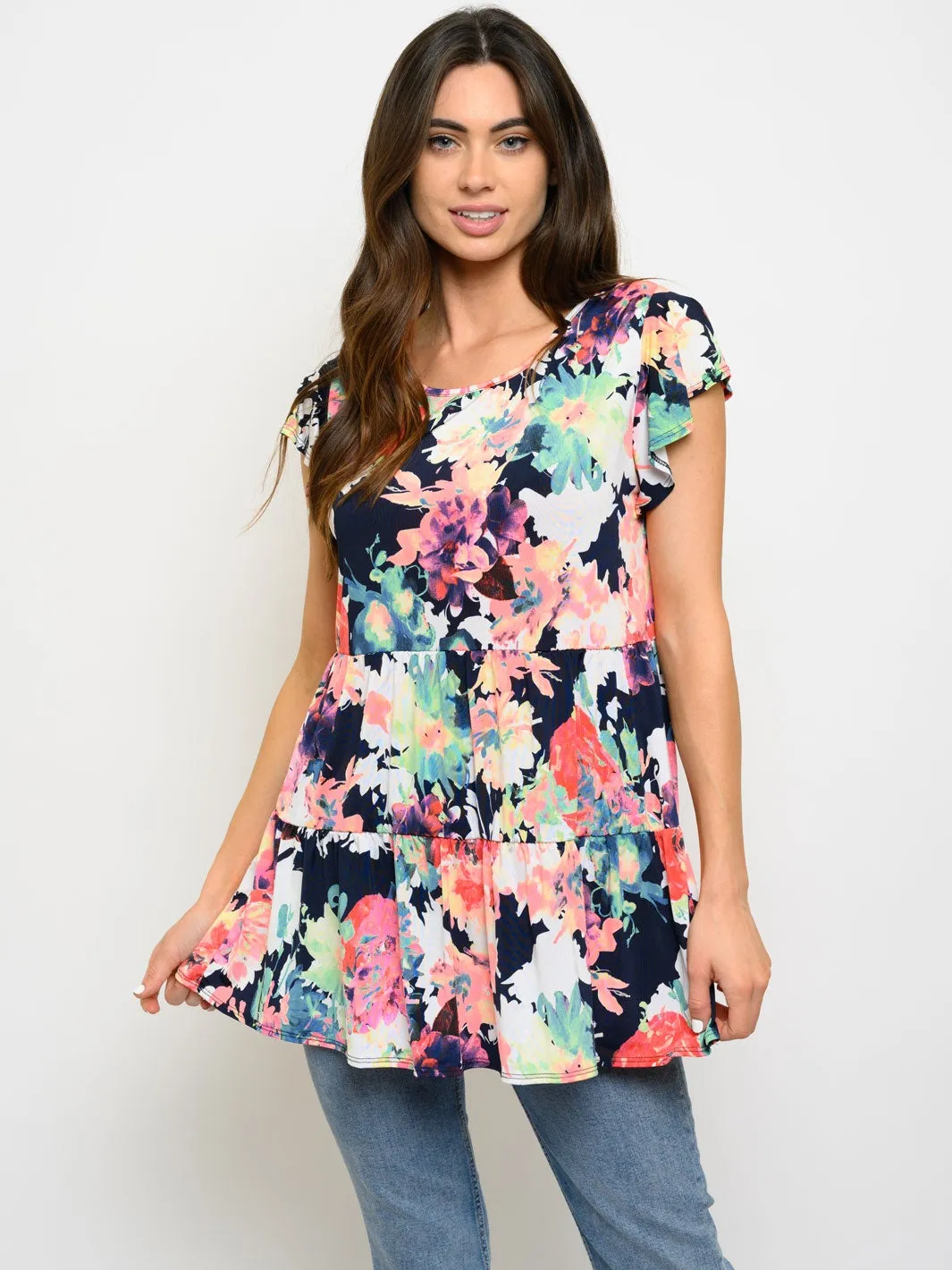 WOMEN'S SHORT SLEEVE FLORAL PRINT TIERED TOP