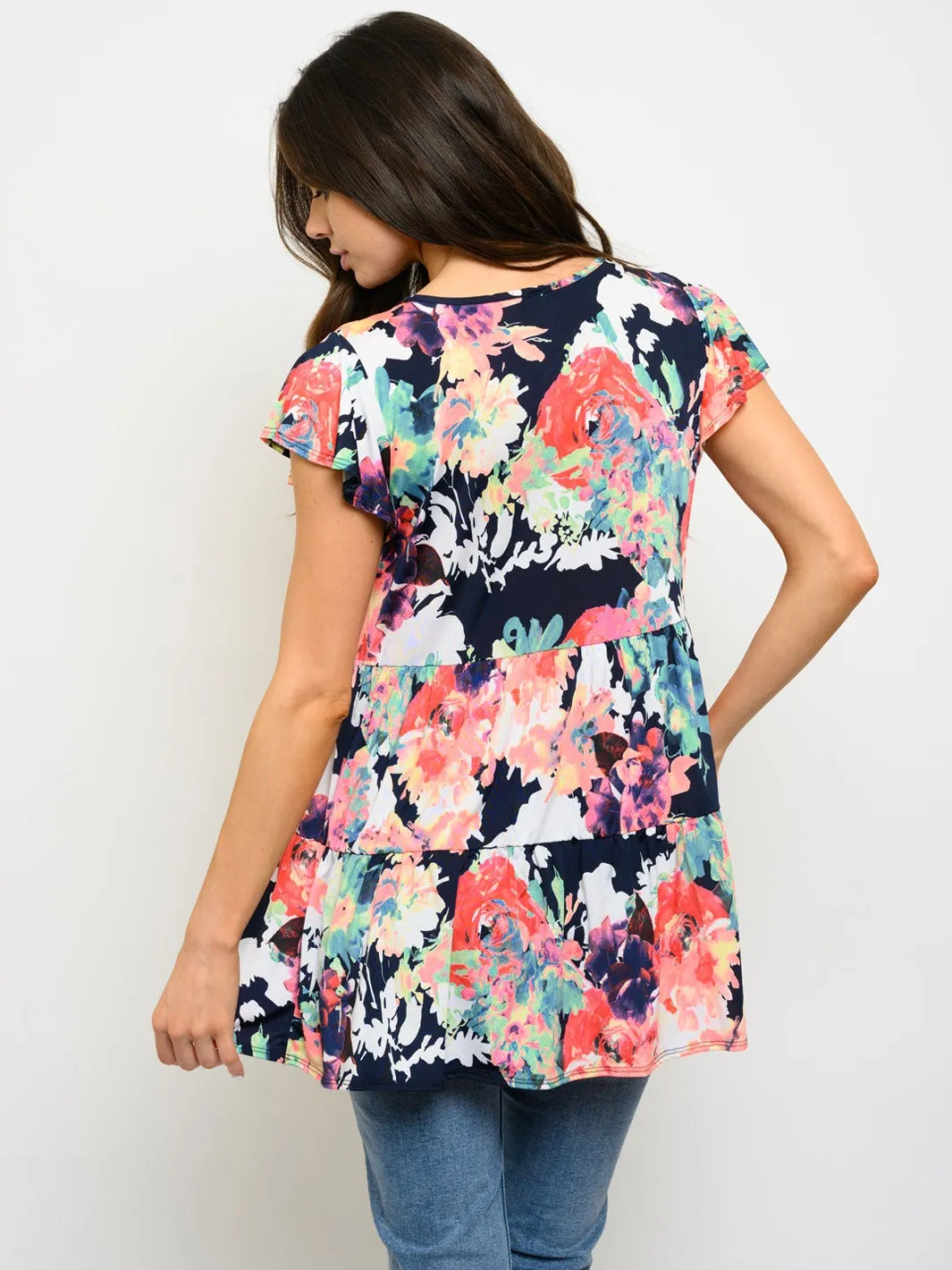 WOMEN'S SHORT SLEEVE FLORAL PRINT TIERED TOP