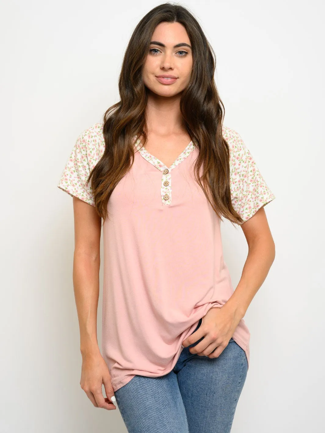 WOMEN'S SHORT SLEEVE FLORAL PRINT V-NECK TOP