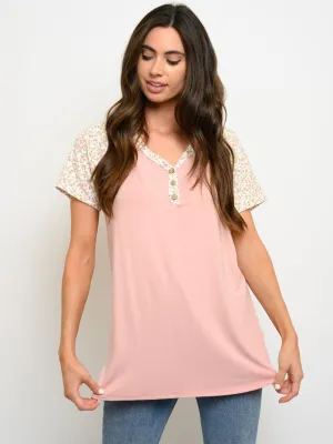 WOMEN'S SHORT SLEEVE FLORAL PRINT V-NECK TOP