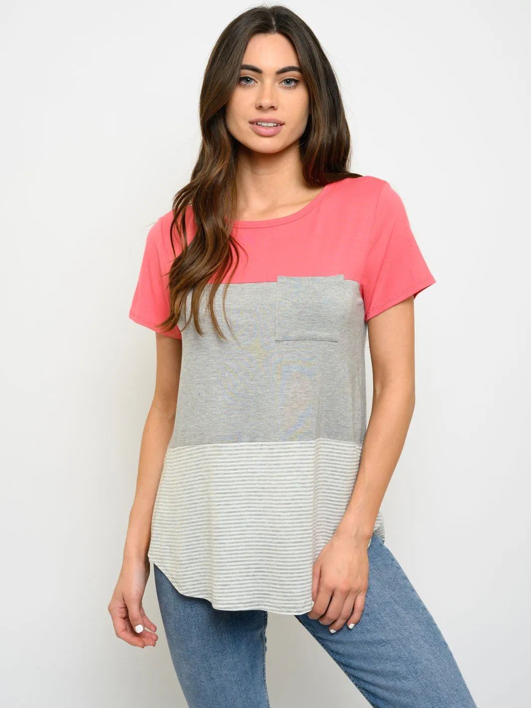 WOMEN'S SHORT SLEEVE FRONT POCKET COLOR BLOCK TOP
