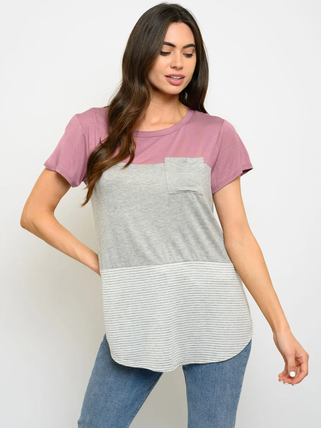 WOMEN'S SHORT SLEEVE FRONT POCKET COLOR BLOCK TOP