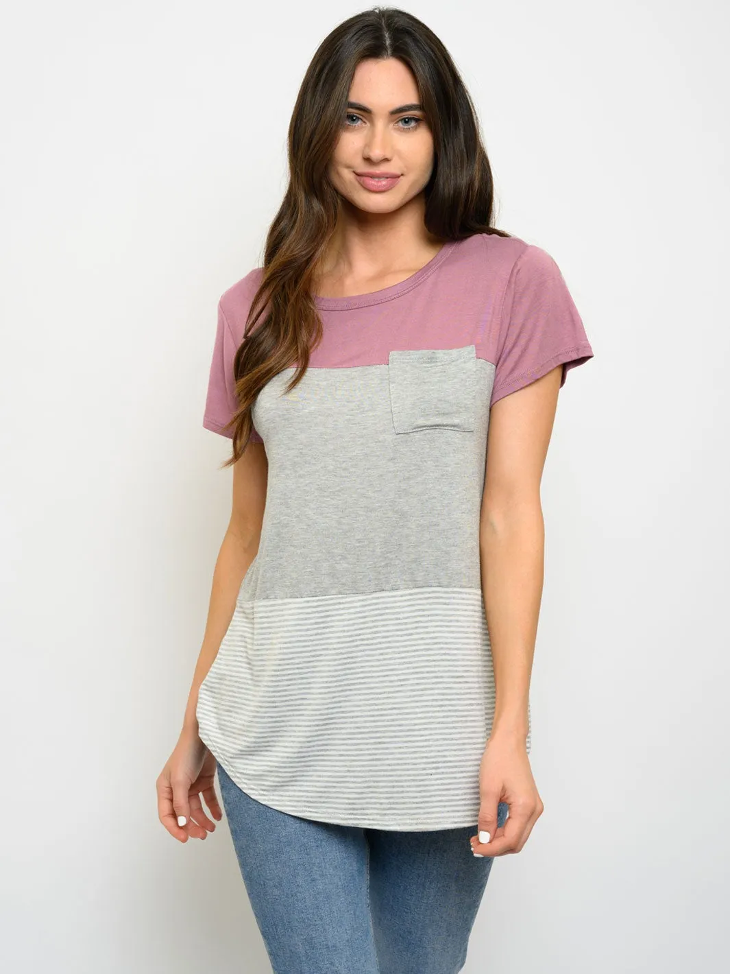 WOMEN'S SHORT SLEEVE FRONT POCKET COLOR BLOCK TOP