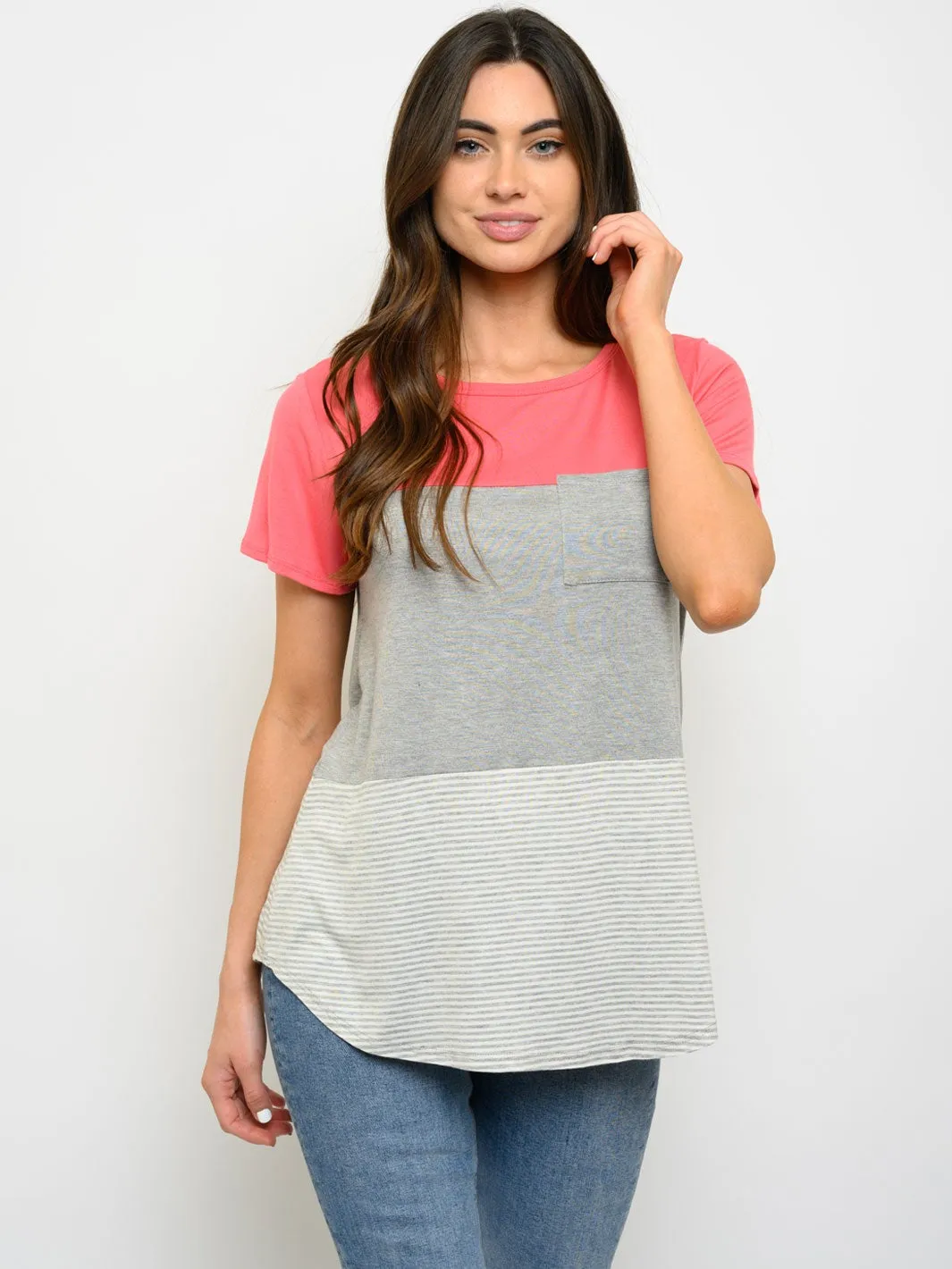 WOMEN'S SHORT SLEEVE FRONT POCKET COLOR BLOCK TOP