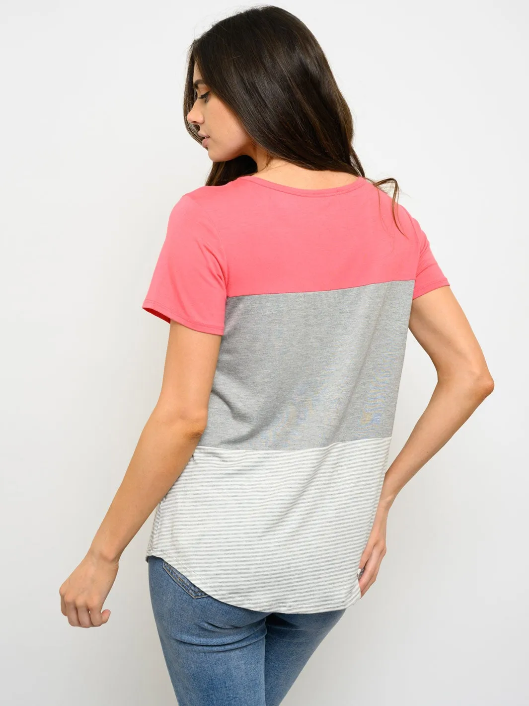 WOMEN'S SHORT SLEEVE FRONT POCKET COLOR BLOCK TOP