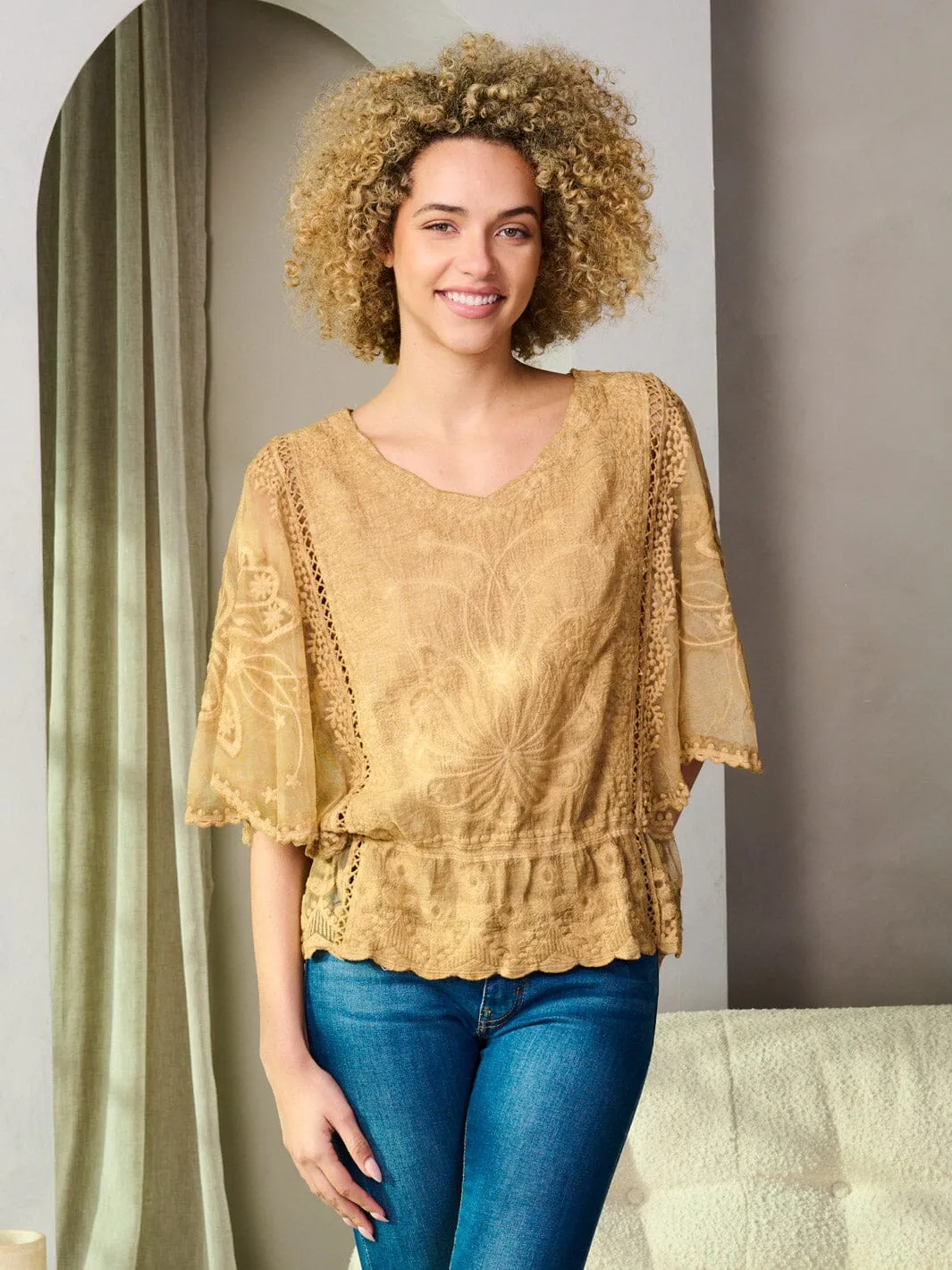 WOMEN'S SHORT SLEEVE LACE DETAILED PEPLUM BLOUSE TOP