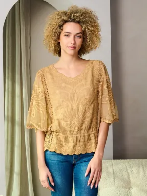 WOMEN'S SHORT SLEEVE LACE DETAILED PEPLUM BLOUSE TOP