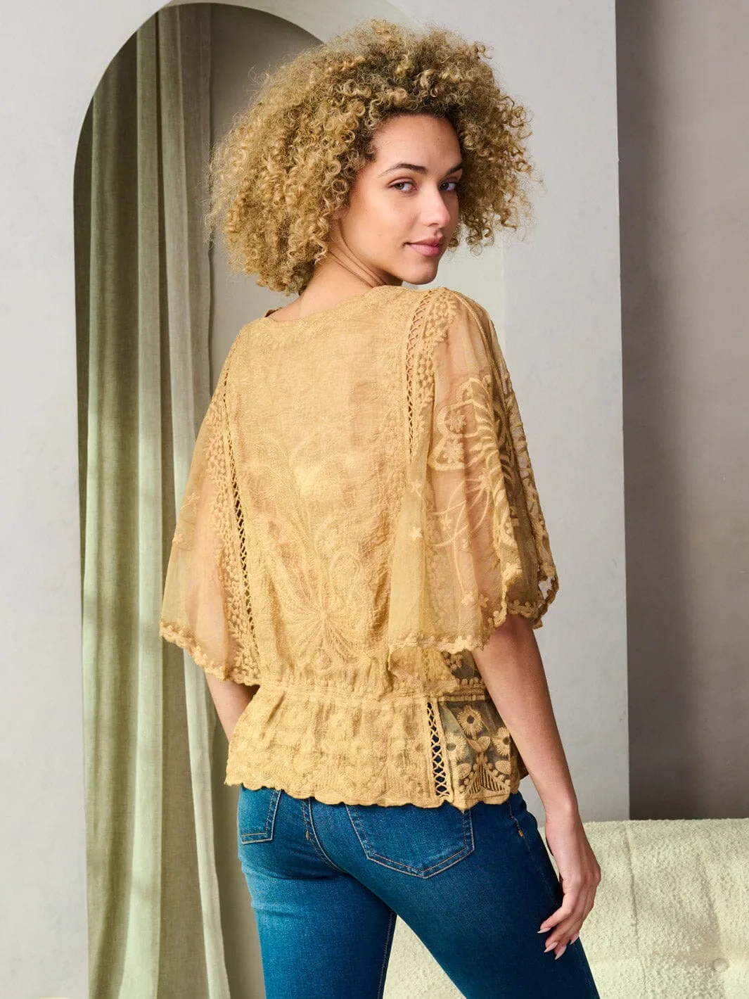 WOMEN'S SHORT SLEEVE LACE DETAILED PEPLUM BLOUSE TOP
