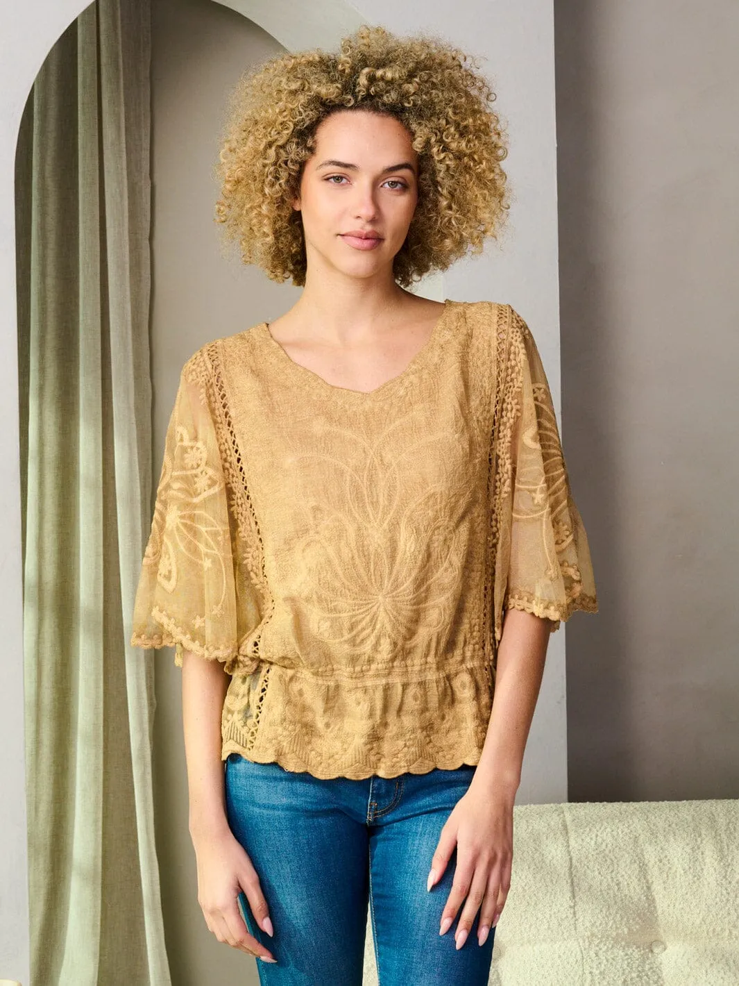 WOMEN'S SHORT SLEEVE LACE DETAILED PEPLUM BLOUSE TOP