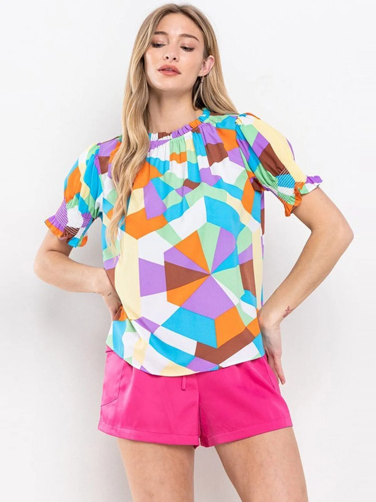 WOMEN'S SHORT SLEEVE MULTI COLOR BLOUSE TOP