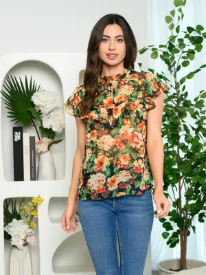 WOMEN'S SHORT SLEEVE RUFFLE FLORAL TOP