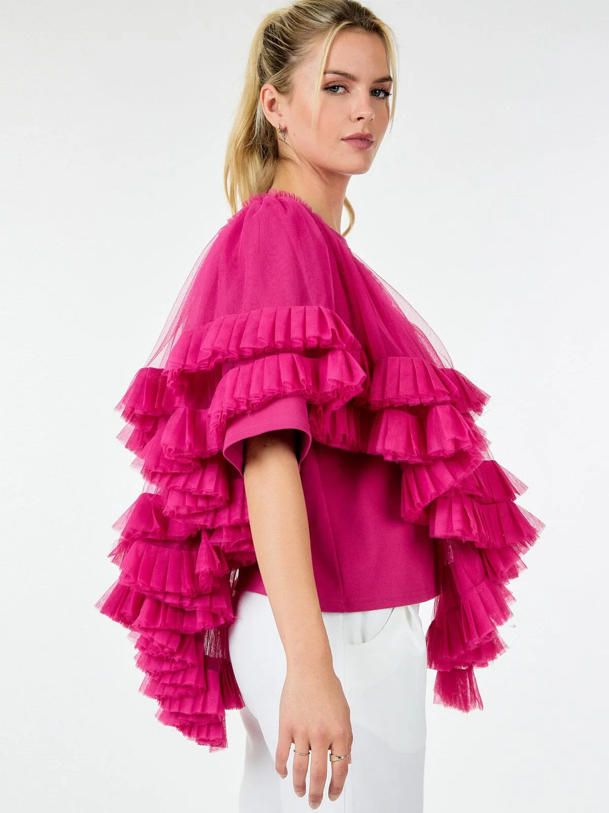 WOMEN'S SHORT SLEEVE RUFFLE TIERED DETAILED TOP