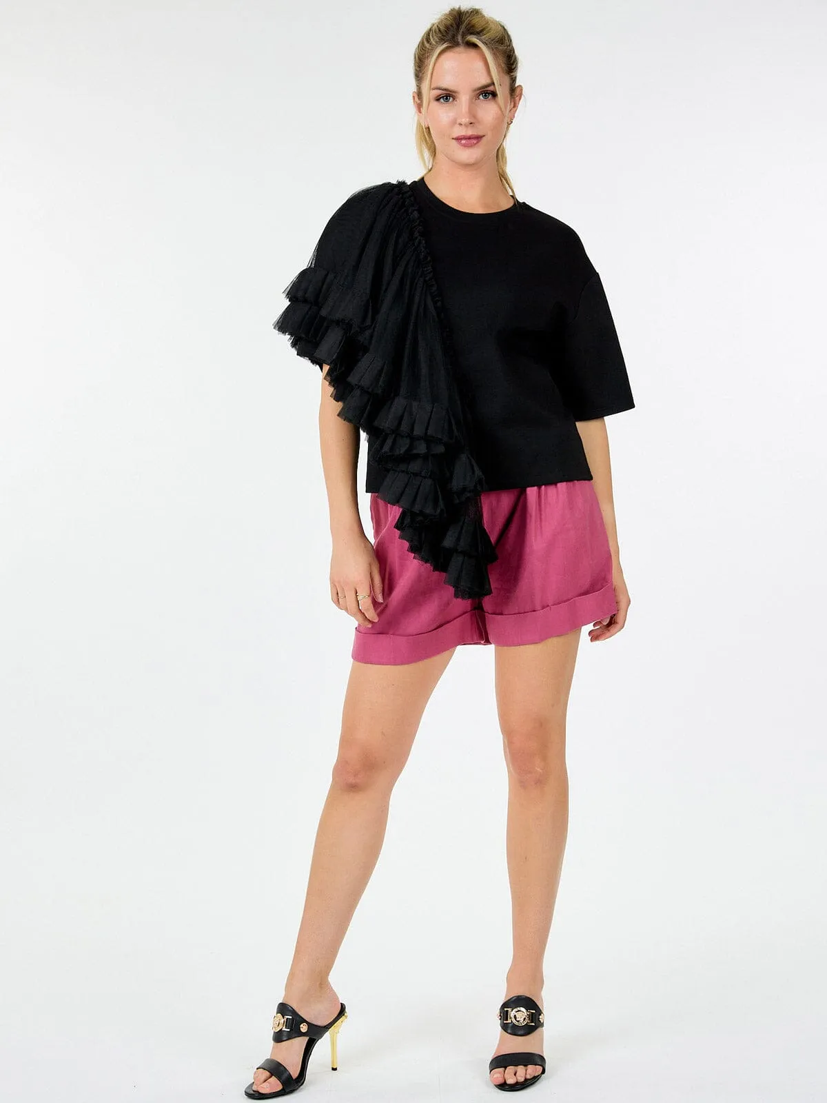 WOMEN'S SHORT SLEEVE RUFFLE TIERED DETAILED TOP