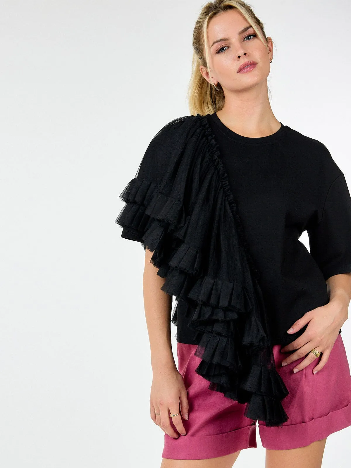 WOMEN'S SHORT SLEEVE RUFFLE TIERED DETAILED TOP