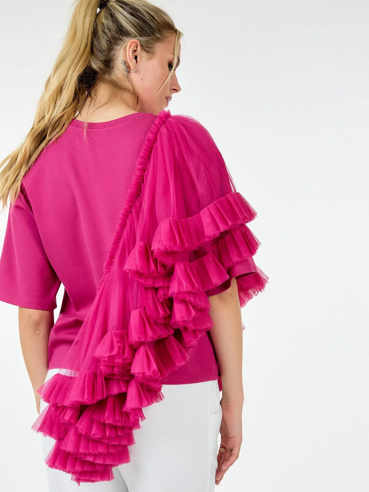 WOMEN'S SHORT SLEEVE RUFFLE TIERED DETAILED TOP