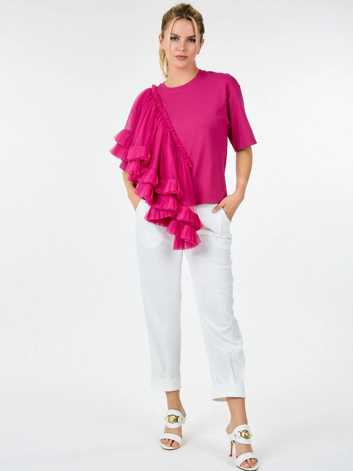 WOMEN'S SHORT SLEEVE RUFFLE TIERED DETAILED TOP