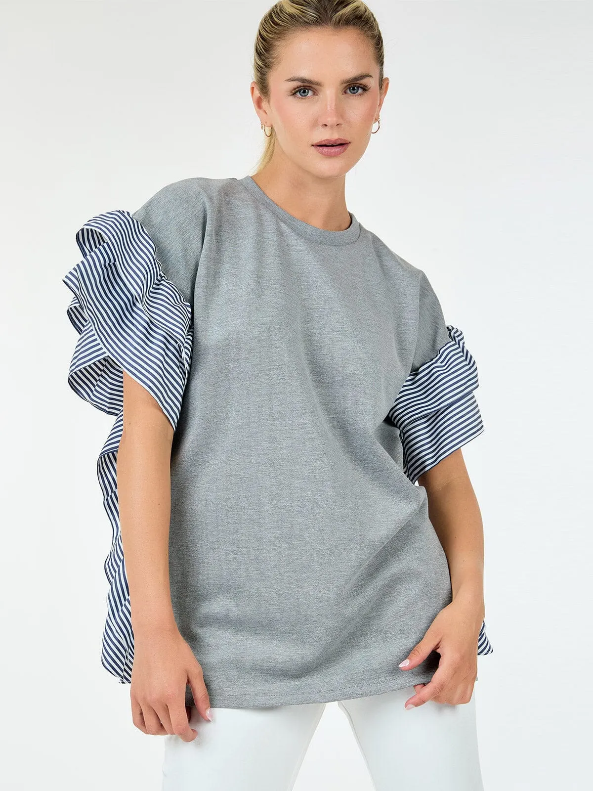 WOMEN'S SHORT SLEEVE RUFFLE TRIM DETAILED BLOUSE