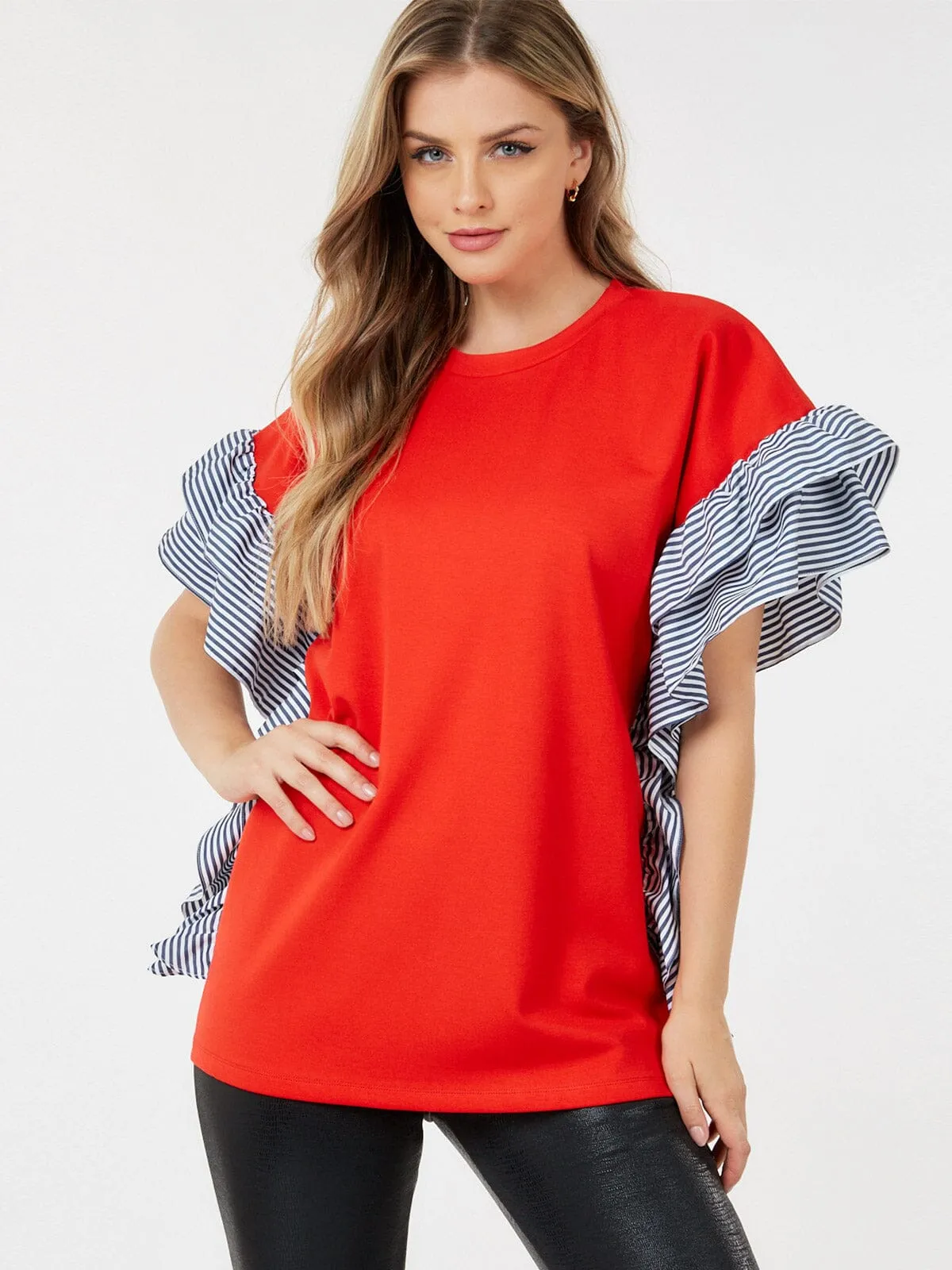 WOMEN'S SHORT SLEEVE RUFFLE TRIM DETAILED BLOUSE