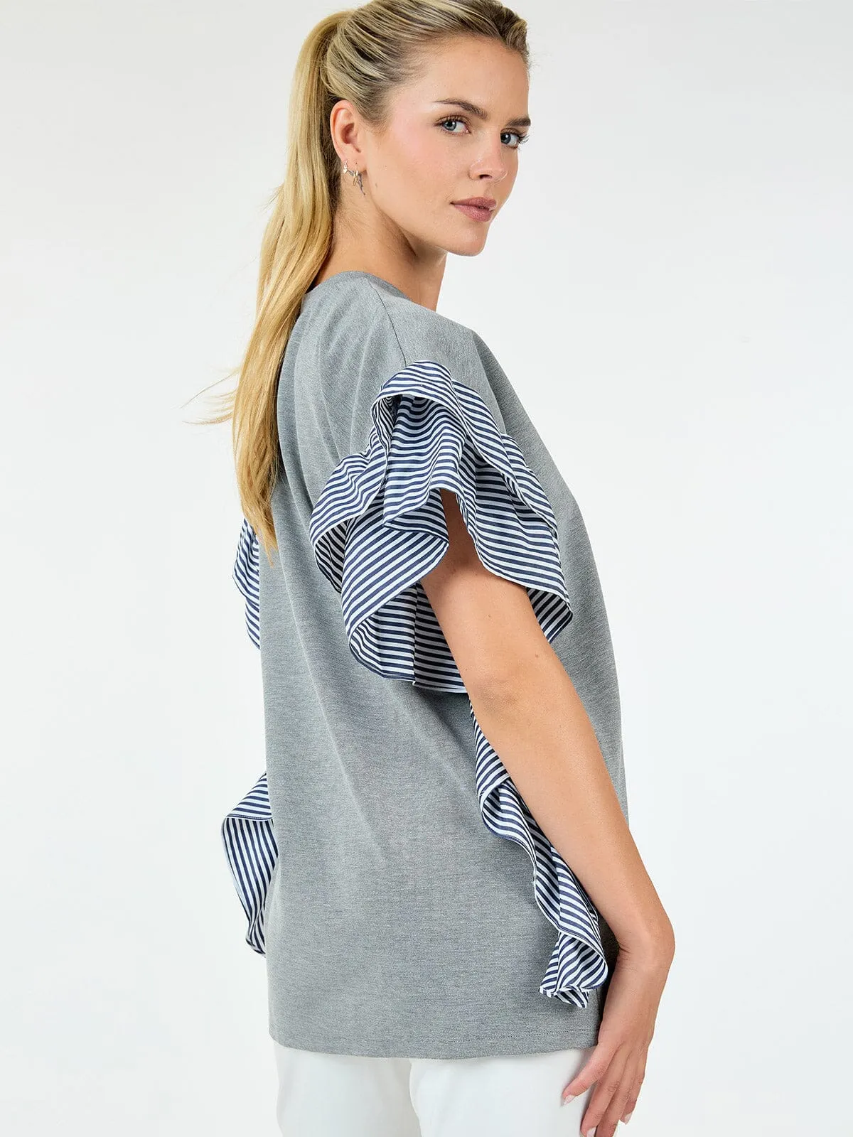 WOMEN'S SHORT SLEEVE RUFFLE TRIM DETAILED BLOUSE