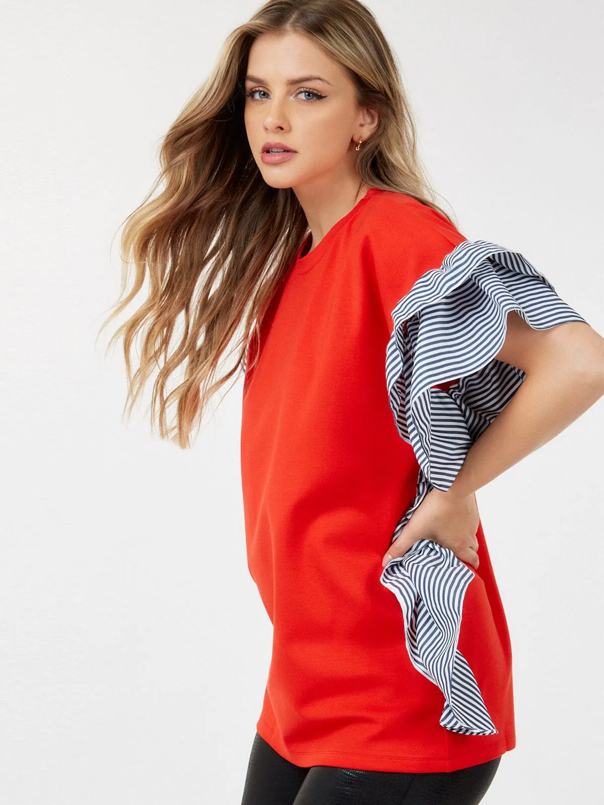 WOMEN'S SHORT SLEEVE RUFFLE TRIM DETAILED BLOUSE
