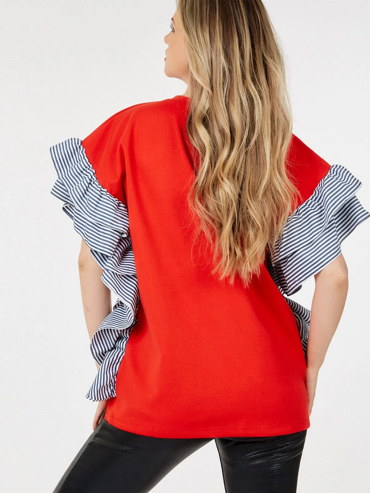 WOMEN'S SHORT SLEEVE RUFFLE TRIM DETAILED BLOUSE