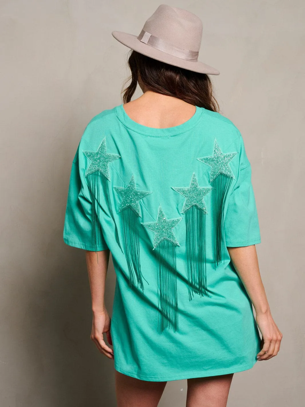WOMEN'S SHORT SLEEVE SEQUINS FRINGE STARS BACK DETAILED TOP