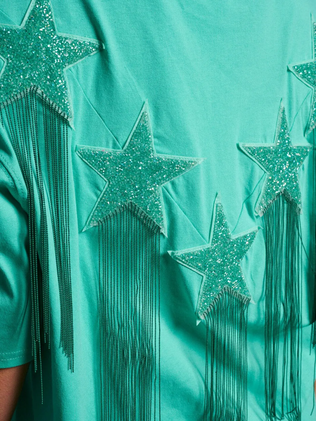 WOMEN'S SHORT SLEEVE SEQUINS FRINGE STARS BACK DETAILED TOP