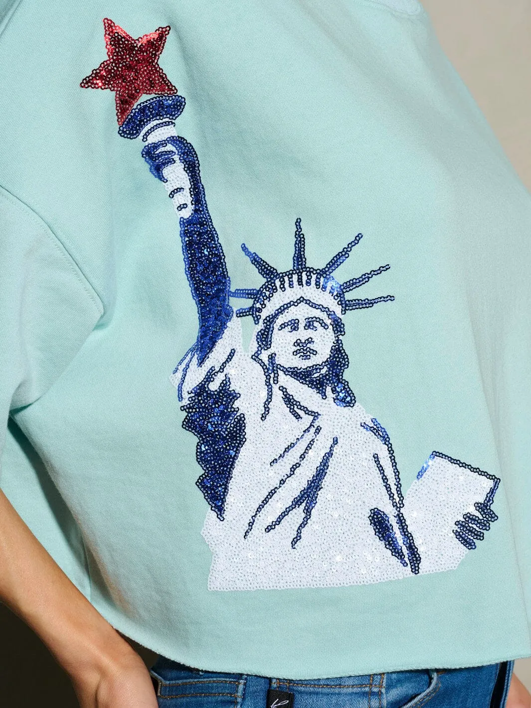 WOMEN'S SHORT SLEEVE SEQUINS LADY LIBERTY PATRIOTIC TUNIC BLOUSE TOP