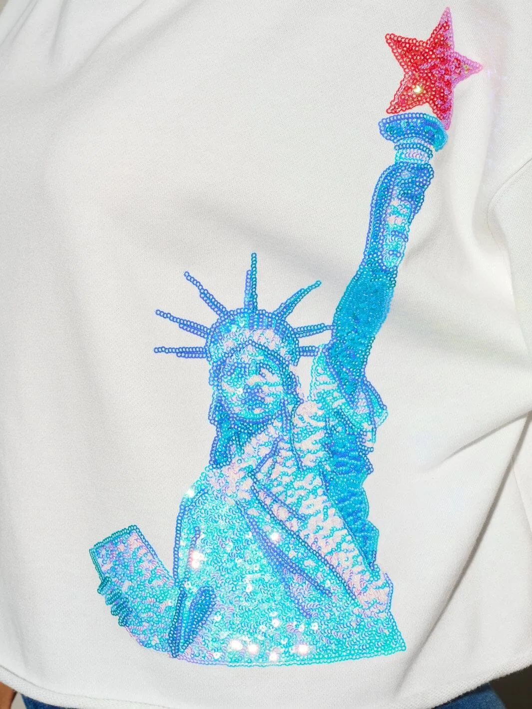 WOMEN'S SHORT SLEEVE SEQUINS LADY LIBERTY PATRIOTIC TUNIC BLOUSE TOP