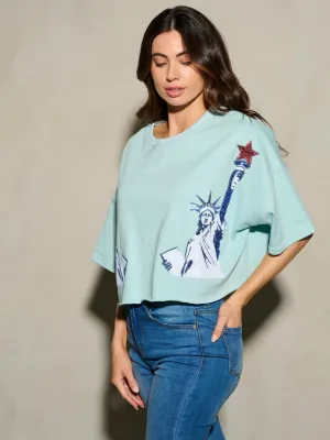 WOMEN'S SHORT SLEEVE SEQUINS LADY LIBERTY PATRIOTIC TUNIC BLOUSE TOP