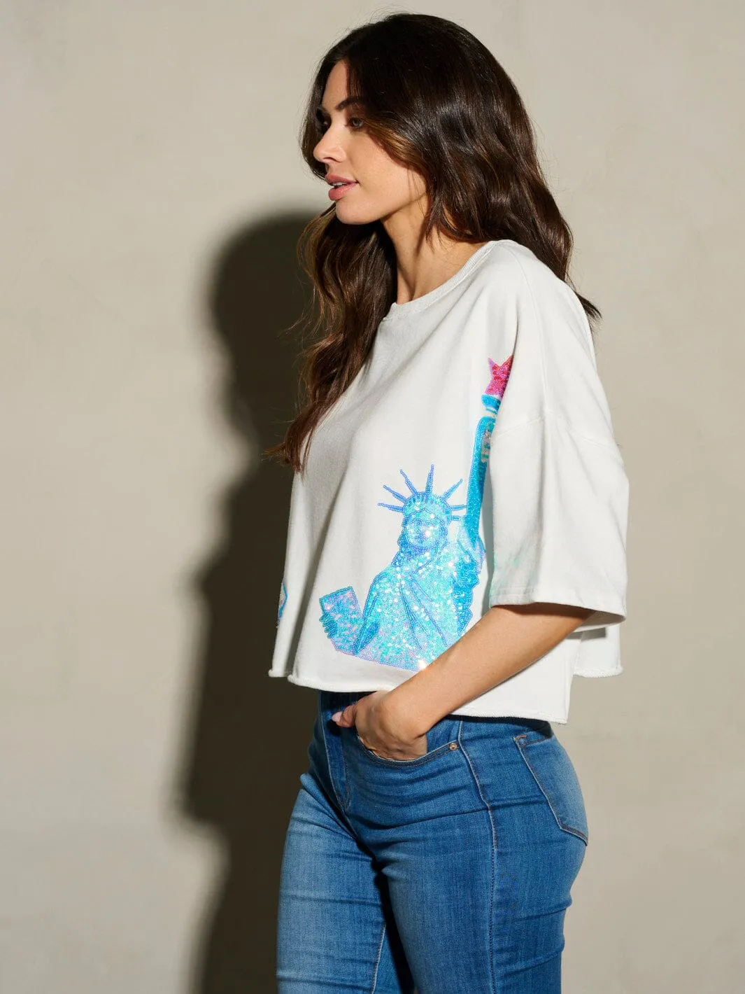 WOMEN'S SHORT SLEEVE SEQUINS LADY LIBERTY PATRIOTIC TUNIC BLOUSE TOP