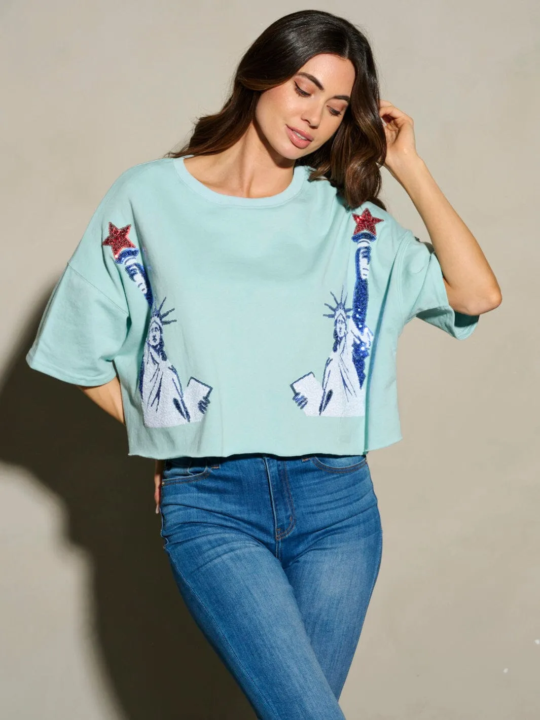 WOMEN'S SHORT SLEEVE SEQUINS LADY LIBERTY PATRIOTIC TUNIC BLOUSE TOP