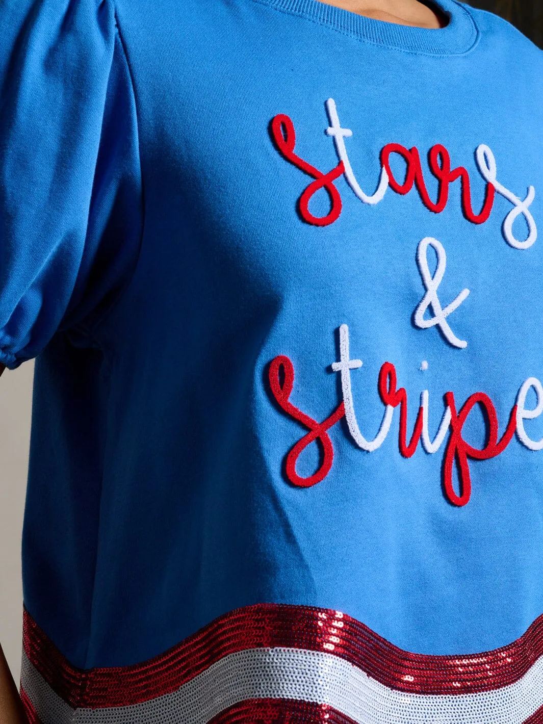 WOMEN'S SHORT SLEEVE SEQUINS STARS & STRIPES PATRIOTIC TUNIC BLOUSE TOP