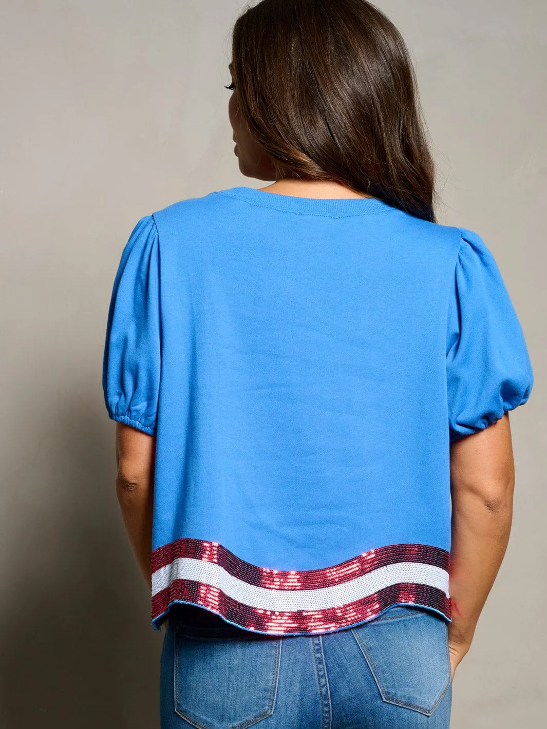 WOMEN'S SHORT SLEEVE SEQUINS STARS & STRIPES PATRIOTIC TUNIC BLOUSE TOP